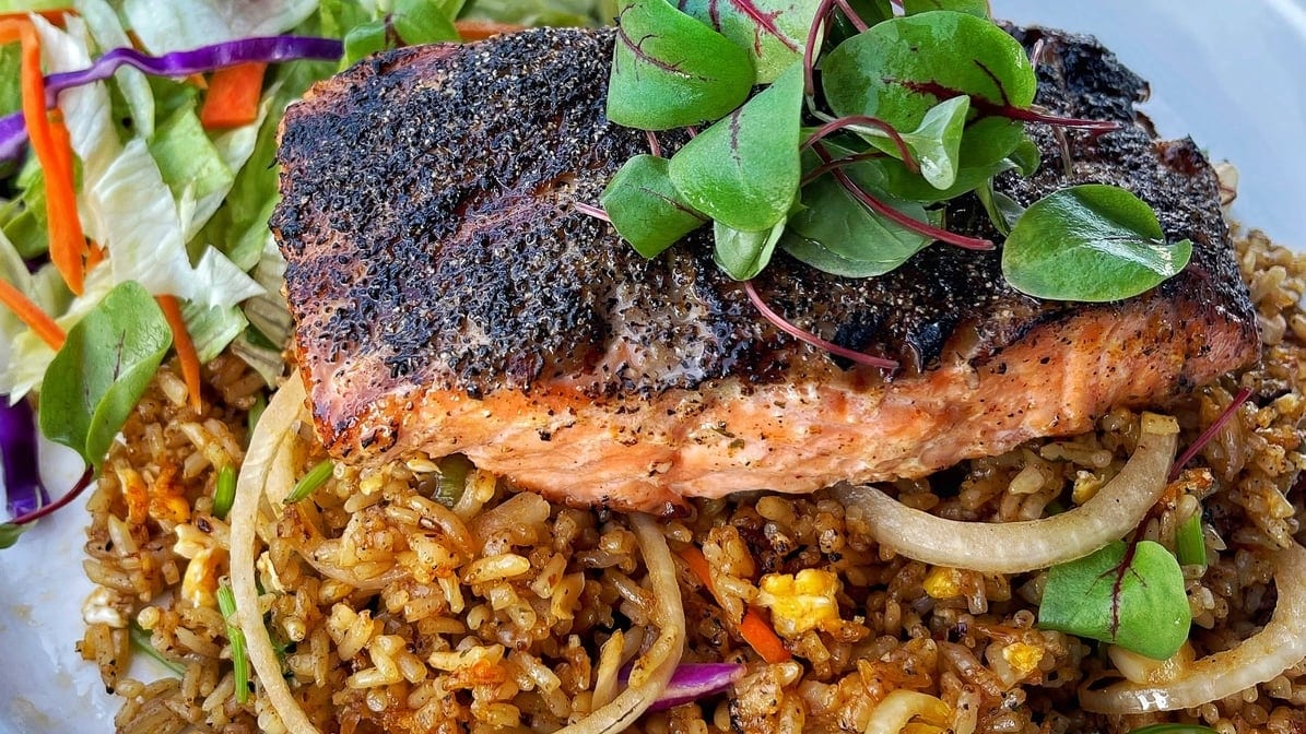 Blackened Salmon on Cajun Fried Rice