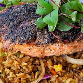 39. Blacked Salmon with Cajun Fried Rice