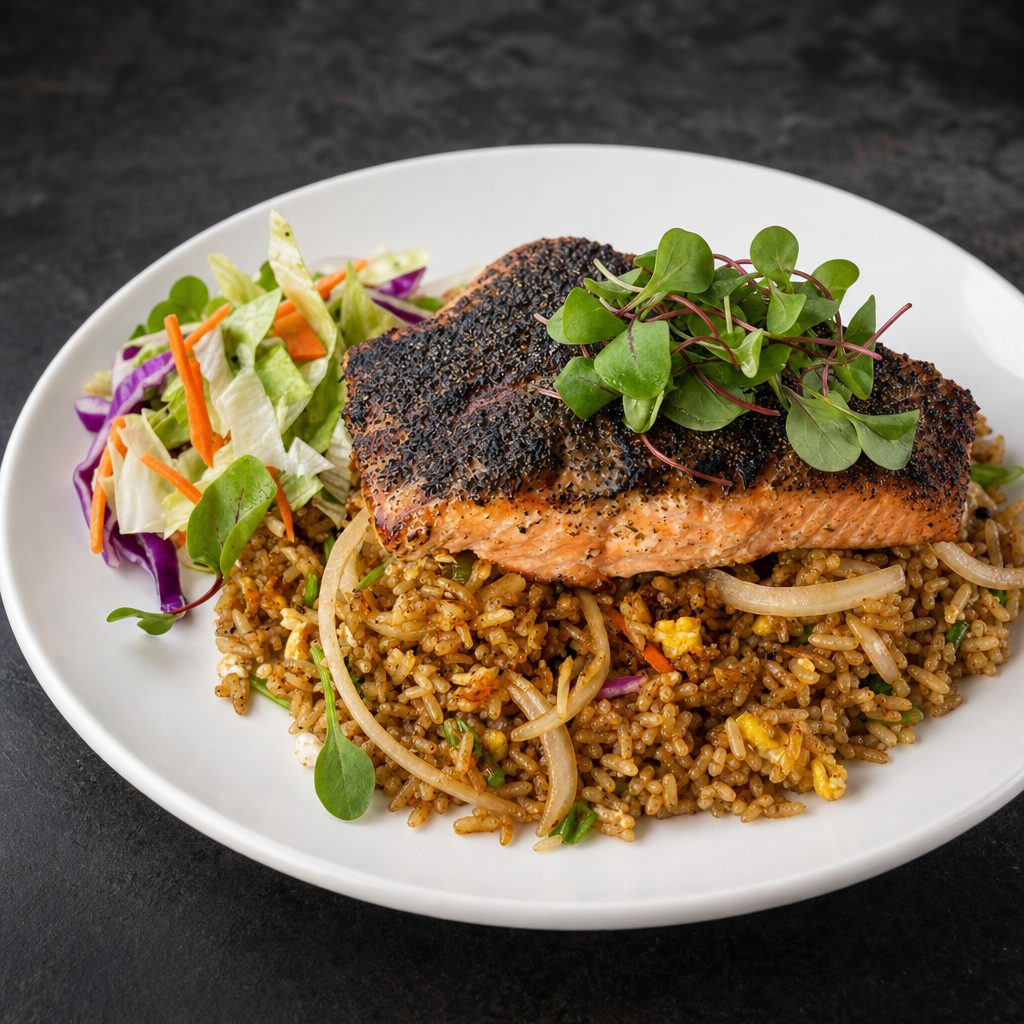 39. Blackened Salmon on Cajun Fried Rice.