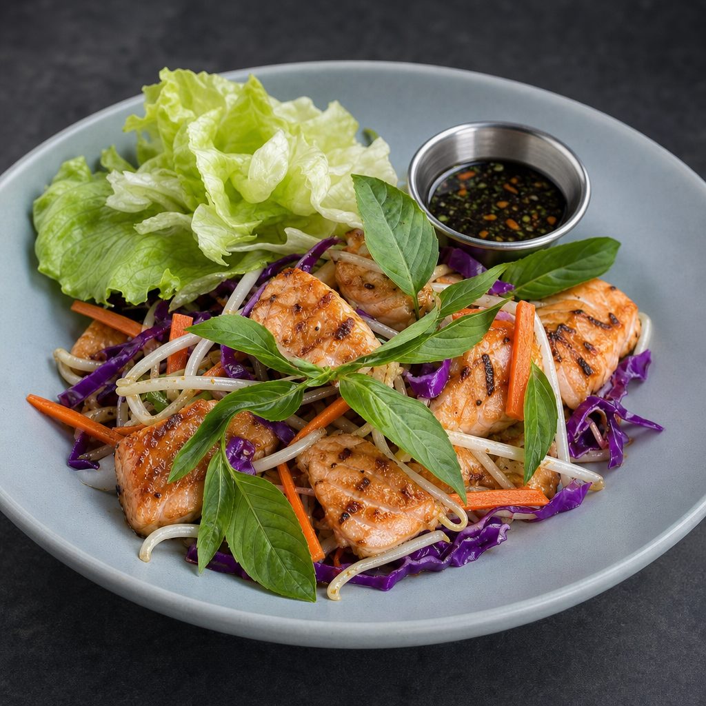 Organic Miso Glazed Grilled Salmon Salad.