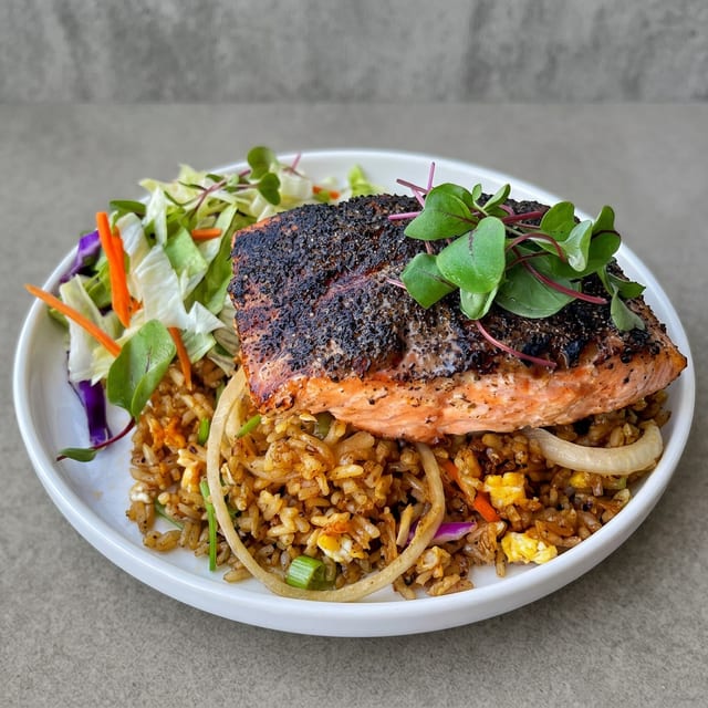 39. Blackened Salmon on Cajun Fried Rice.